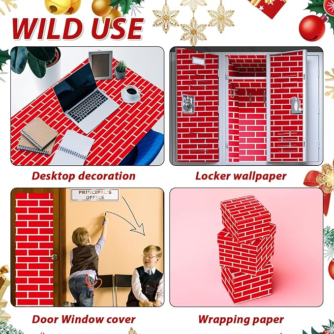 Christmas Red Brick Bulletin Board Roll Plastic 15.75inch x 23ft Peel and Stick Non-Fading Resistant Anti Wrinkle Christmas Bulletin Board Roll for Classroom Wrapping Paper Supply Wall Decoration
