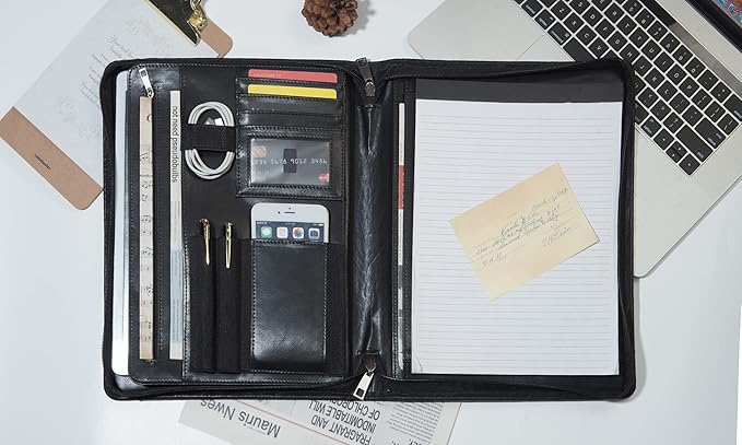 Free Engraved Name, Personalized PU Leather Portfolio, Embossed Resume Padfolio Folder with A4 Size Clipboard, Professional Business Organizer Folio, Gift for Women/Men, Customized(Black)