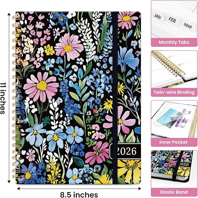 2026 Planner, Weekly and Monthly Calendar Planner for Women, Jan 2026 - Dec 2026, Hardcover Planning Agenda book with Tabs, Spiral Bound, Inner Pocket, Perfect for School Office Supplies, 8.5" x 11" - Painted Garden