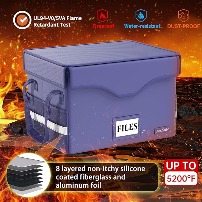 DocSafe 5200°F Fireproof Document Box with Lock,Heat Insulated File Organizer Storage with Pockets,Collapsible Portable Home Office File Safe Box with Handle for Hanging Letter/Legal Folders, Blue