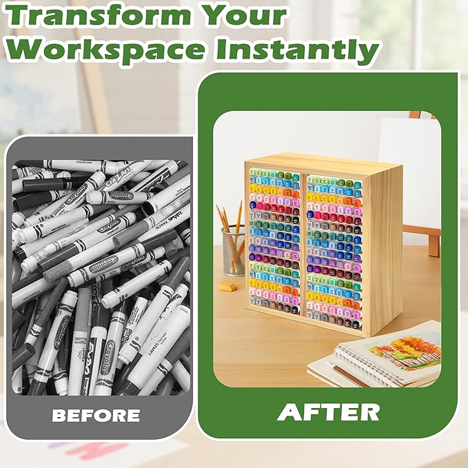 PROLEE Marker Organizer for 224 Markers,Wooden Marker Holder with 32 Slots, Pens Pencils Art Supply Alcohol Markers Storage Organizer for Desk Home Classroom Office Decor(Natural,15“x11”x5.2 “)