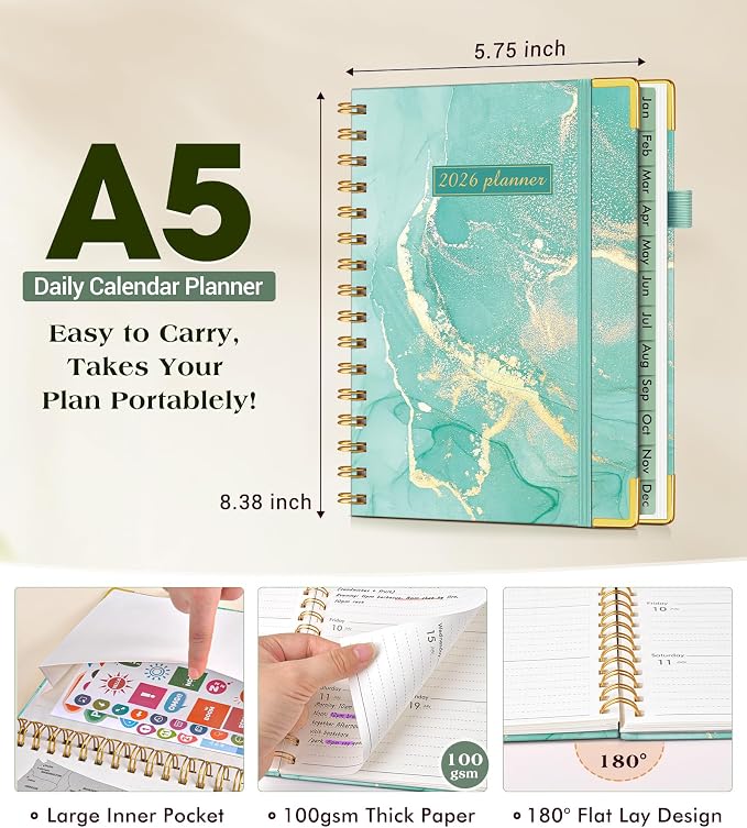 2026 Planner, Hardcover Weekly and Monthly Planner for Women, January 2026 - December 2026, Spiral Yearly Agenda Organizer Book 2026 with Tabs, Daily Calendar Planners for School Work Home, A5 (5.75" x 8.38"), Teal Marble