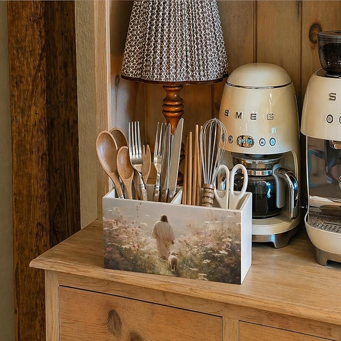 Christian Jesus Pen Pencil Holder for Desk, Christian Gifts for Women, Jesus Leaves the 99 Sheep Religious Pencil Holders Wooden Box Organizer for Home Bedroom Office Desk Tabletop