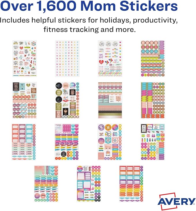 Avery Mom Planner Stickers Variety Pack, 30 Sheets, 1,682 Stickers for Your Planner, Journal or Calendar (6780)