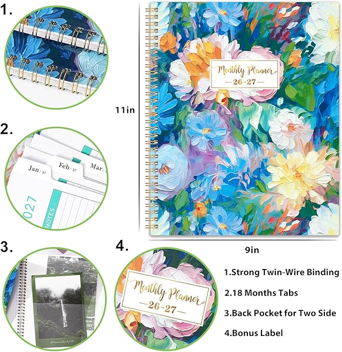 Monthly Planner 2026-2027 - 9" x 11" Large 18 Monthly Planner 2026-2027 (Jul. 2026 - Dec. 2027), 26-27 Monthly Calendar Planner with Twin-wire Binding + Tabs + Back Pocket - Floral