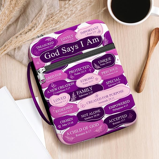 God Says I Am Bible Cover for Women with Handle and Zipper Pocket, Christian Scripture Case for Girls, Inspirational Purple Bible Bag, Fits Standard Size, Faith Gift for Mom, Church