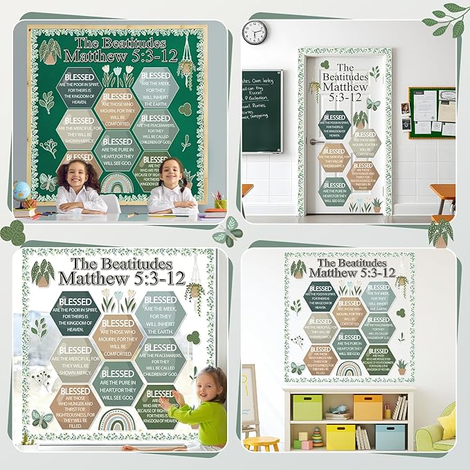 QOUBAI Christian Bulletin Board Decoration The Beatitudes Matthew 5:3-12 Classroom Decoration Motivational Bible Verse Paper Cutouts for Back to School Sunday School Church Parish Decor（Greenery）