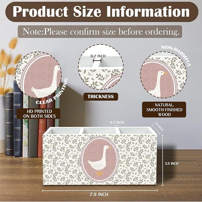 Rustic Pink Goose Plant Pen Holder for Desk, Goose Lover Gifts Pencil Organizer, Cottagecore Flower Botanical Wooden Box Sign Desk Decor for Girl Nursery Home Office Decoration