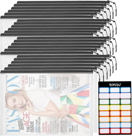 YOPCDJ 24pcs Mesh Zipper Pouch Bags, A4 13x9 Inches Reusable Bags Puzzle Storage Organizer Black Multipurpose for Travel Board Games Toys School Office Supplies and Home Classroom Organization