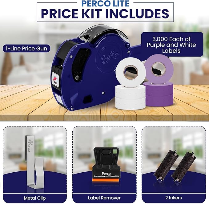 Perco Lite 1 Line Price Gun with Labels Kit - Includes 3 White Rolls, 1 Gun Clip, 3 Purple Rolls, 2 Ink Rollers, 1 Ink roll and Labels Pre-Loaded