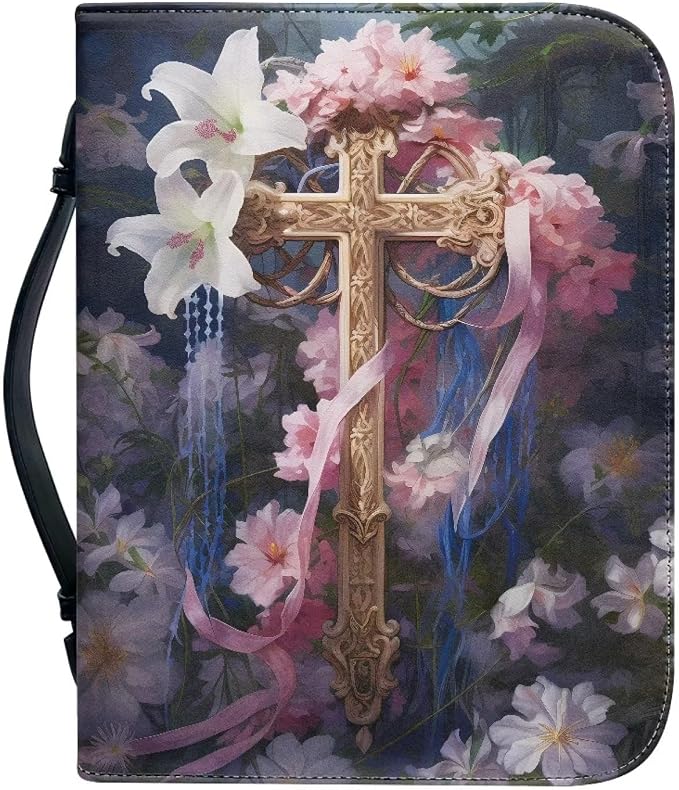 Cross Flower Bible Covers for Women Large Size PU Leather Bible Carrying Case Multi-Purpose Bible Tote Bag with Handle Easy to Store