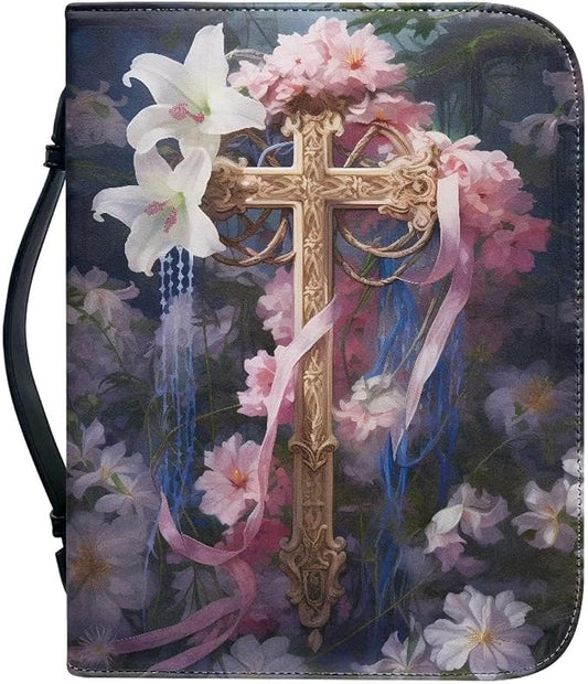 Cross Flower Bible Covers for Women Large Size PU Leather Bible Carrying Case Multi-Purpose Bible Tote Bag with Handle Easy to Store