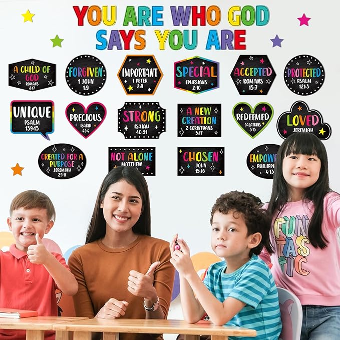 Qyeahkj Christian Bulletin Board Decorations God Says You Are Religious Classroom Wall Decor Colorful Motivational Quote Cutout Inspirational Bulletin Board Sets for Sunday School Home Church Supplies