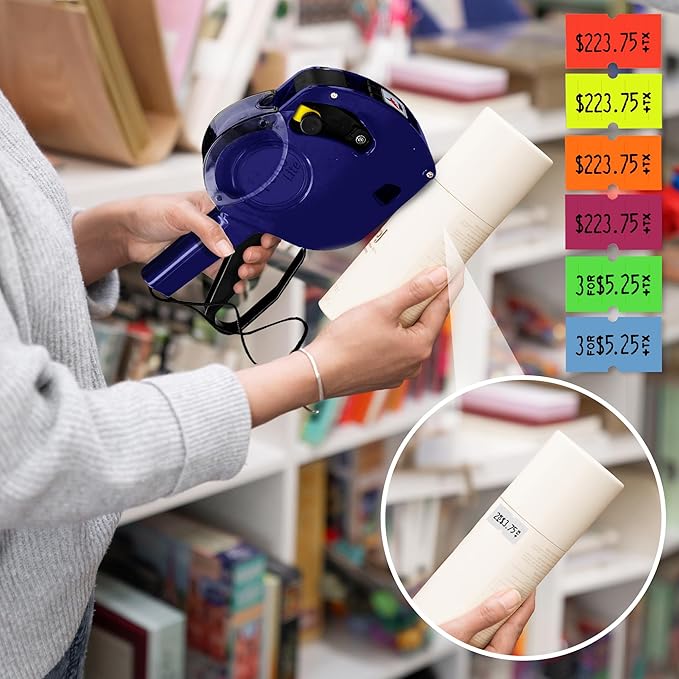 Perco Lite 1 Line Price Gun with Labels Kit - Includes 1 White Roll, 1 Gun Clip, 6 Multicolored Rolls, 2 Ink Rollers, 1 Ink roll and Labels Pre-Loaded