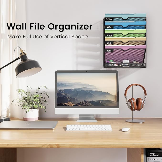 Hanging Wall File Organizer 6-Tier Wall Mount Mail Organizer & Desk Paper Organizer, Sleek Black Metal File Folder Holder for Office, Cubicle, Bedroom | All-in-One Document Storage Shelf