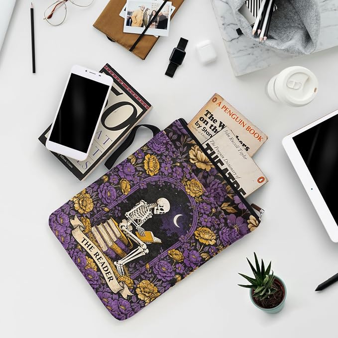 Gothic Skull Purple Garden Book Sleeve Pouch for Women Book Lovers, Fantasy Novel Reader Gifts for Reader Writer, Tarot Book Covers for Paperbacks with Handle, Reading Accessories for Student