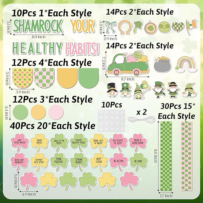 139Pcs St. Patrick’s Day Bulletin Board Decorations, Shamrock Cutouts Gnome Lucky Clover Name Tags Health Themed Classroom Bulletin Board Border Trims Office School Chalkboard Supplies Decor