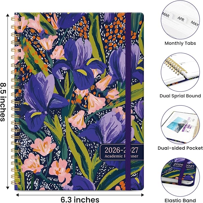 Planner 2026-2027, Monthly and Weekly Academic Planner July 2026 - June 2027, Hardcover Student Teacher Planning Agenda Calendar Book with Tabs, Perfect for Office School Supplies, A5 (6.3" x 8.5") - Petal Rhythm