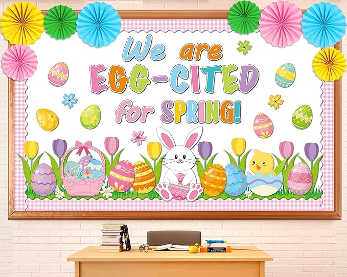 Easter Spring Bulletin Board Decorations Set Easter Bunny Egg Classroom Decorations with 3D Paper Fans We are Egg Cited for Spring Floral Peeps Cutouts for School Church Office Chalkboard Wall Decor
