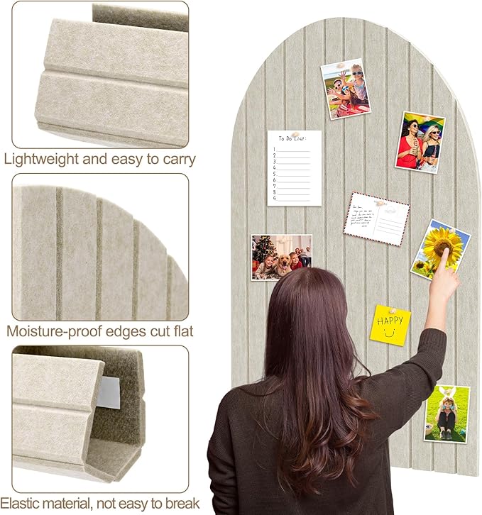 SmoothNovelty 31.5 X24 Inch Large Arch Felt Bulletin Board with 50 Wooden Pushpins Decorative Picture Framed Display Board Felt Tile Wall Organizer for School Home Office Boho Wall Decor (Light Camel)