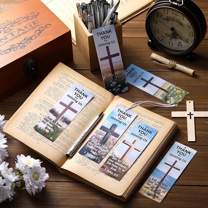Dispowreath 48 Pcs/24 Sets Welcome to Our Church Gifts 24 Pcs Thank You for Joining Us Ballpoint Pens 24 Pcs 1 John 4: 7 Church Cross Flower Bookmarks Religious Brochure Favors for Women Men Visitor