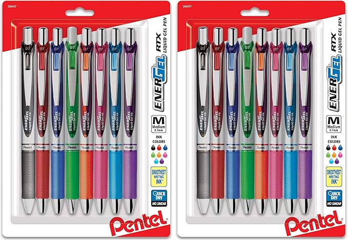 Pentel EnerGel RTX Retractable Liquid Gel Pen, (0.7mm) Metal Tip, Medium Line,Assorted Ink, 8 count (BL77BP8M1), (Pack of 2)
