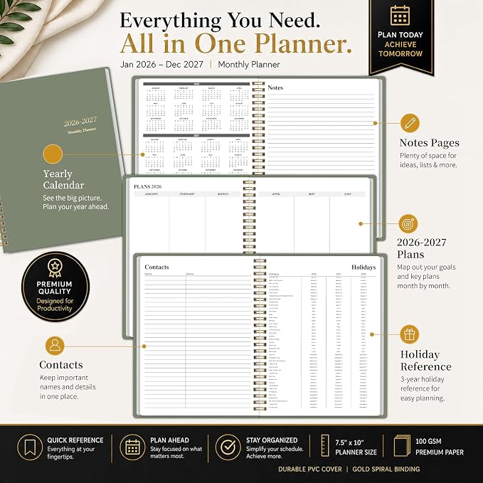 2026-2027 Monthly Planner, Calender Planner from Jan 2026 - Dec 2027, 24 Months for Planning with Habit Tracker, To-Do List, Goals,Summary ,7.5" x 10", Spiral Bindding for Personal Organizer and Office Supplies