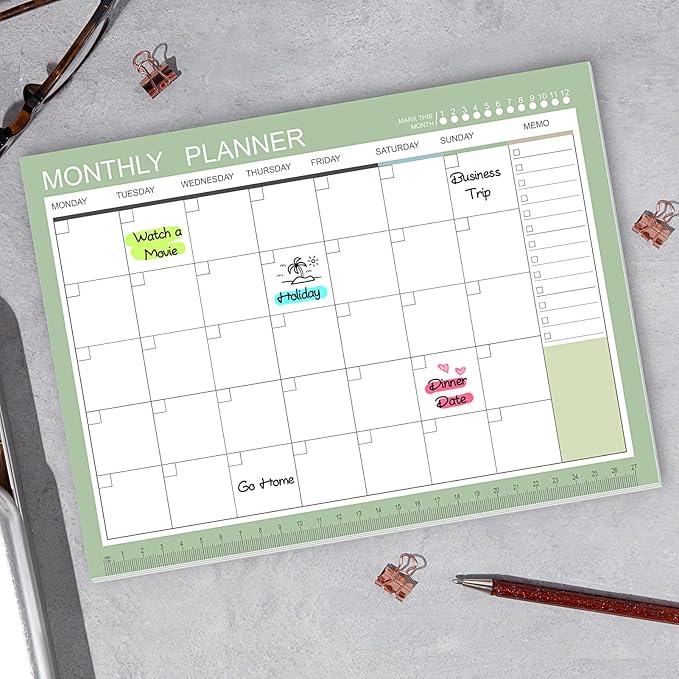 Phyxin Undated Planner, 54 Sheets Blank Calendar, 11.2" x 8.3" Monthly Calendar Planner, Tear Off Undated Monthly Planner with Memo for Women, Students, Teachers, Morandi Green