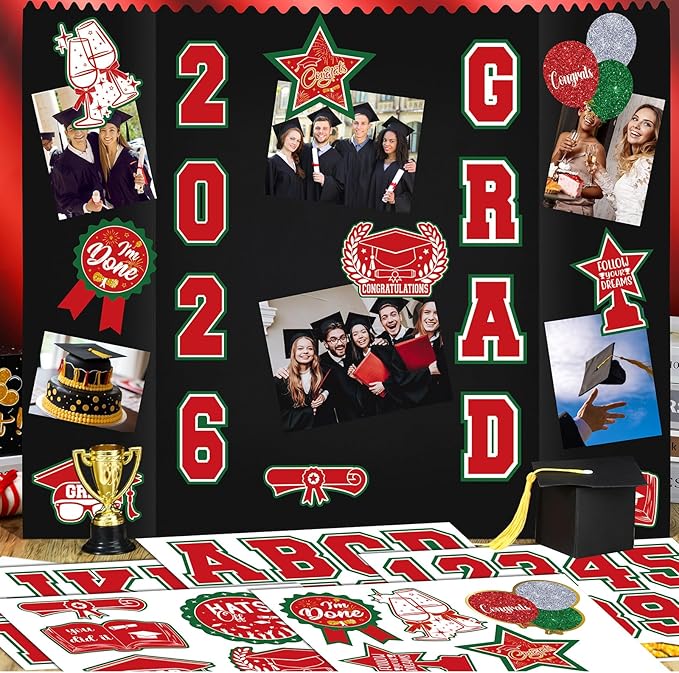 AmazingSpark 2 Sets Graduation Photo Display Board Trifold Poster Board with 12 Graduation Themed Stickers for 2026 Grad Party Decoration Picture Collage Frame Supplies (40 x 28,Red Green)