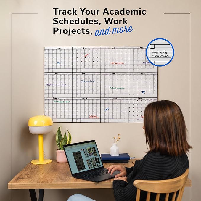 Yearly Large Dry Erase Calendar Wall Planner, 24x36, 12 Month Undated Reusable Laminated Wall Calendar, Blank Erasable Task Organizer with Notes for Office, Classroom & Home