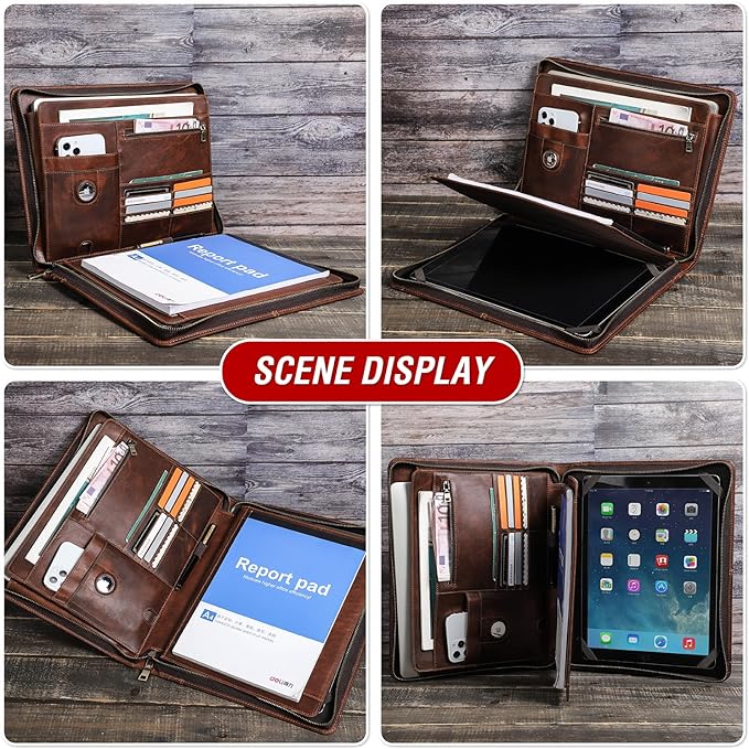 Top Grain Leather 12.9" Strap Large Portfolio, Handmade Retro Design, Large Capacity Multi-Functional Business Zip Padfolio, Holder for Cards/Tablet/Phone/AirTag/A4 Doc, Red Coffee 12.9 Inch