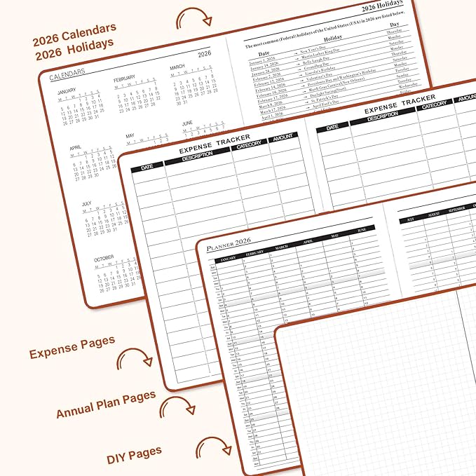 Daily Planner 2026, Calendar 2026 Agenda Planner Daily Journal Notebook 8.5"x5.8", January 2026 to December 2026, Faux Leather Cover (Brown, 8.5"×5.75")