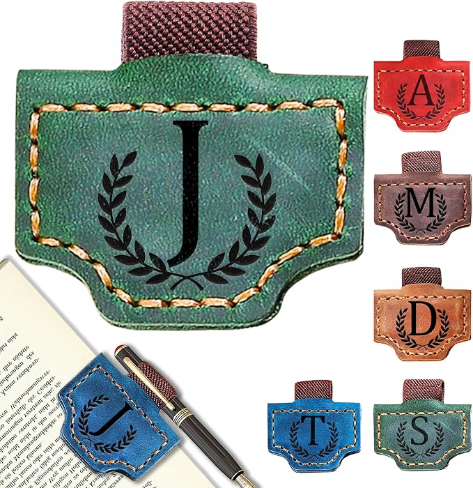 Personalized Leather Magnetic Bookmark with Pen Holder, Bookmark 26 Letters Name Initial Bookmarks for Readers, Book Lover Gifts for Women Men Notebook Accessories (Green, J)