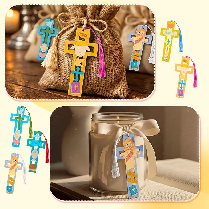 Yexiya 30 Sets DIY Christian Bible Bookmarks for Crafts, Unfinished Wooden Cutouts with 30 Tassels & 12 Color Markers, Bulk Religious Art Supplies for Sunday School, Vbs, Baptism & Church Activities