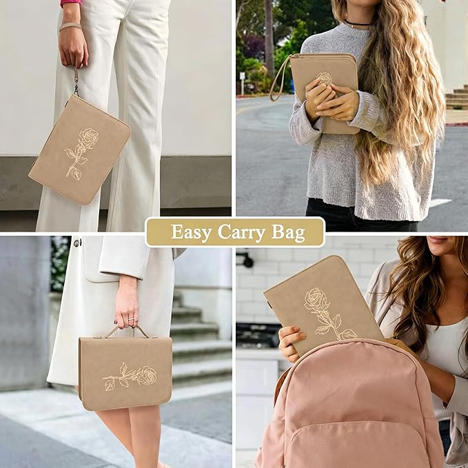 Leather Bible Cover for Woman & Men, Women’s Bible Case with Rose Bookmark Supplies-Girls Carrying Bag Tote with Strap, Personal Size Book Organizer for Journaling Bible-Khaki