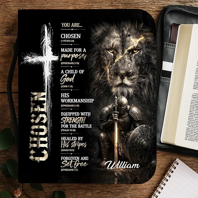 Personalized Man of God Bible Cover for Men, Christian PU Leather Bible Case with Handle Zipper, God Says I Am Warrior Scripture Bible Holder, Religious Gift for Men (You are Chosen)