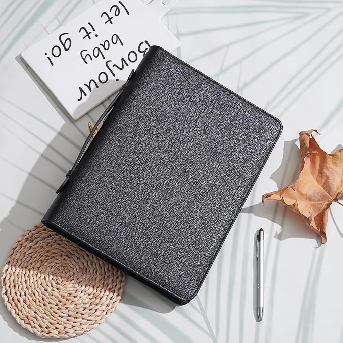 Wonderpool Travel Zippered Portfolio 3 Ring Binder A4 Padfolio Document Case with Removable Clipboard Legal Pad Holder, Business Office School Organizer for Men and Women (Black)
