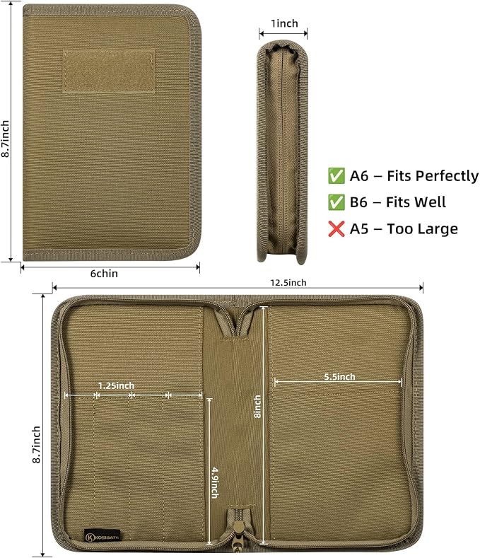 Kosibate Tactical Notebook Cover with Zipper,7.5" x 5" OCP Military Notebook Cover, Detachable Army Field Tactical Portfolio Organizer with Flag Patch, for Protecting Notes, Book(Tan, Cover Only)