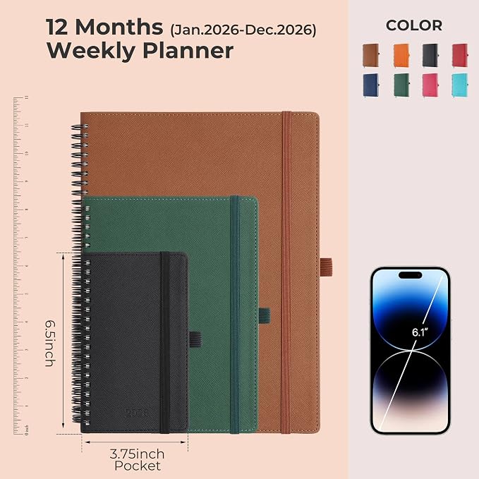 Planner 2026 Daily Weekly and Monthly,6.5"x3.75",12 Months Spiral Bound Calendar Agenda with Self-adhesive Pen Holder,2026 Appointment Book with Vegan Leather Soft Cover,Black