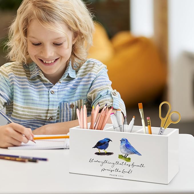 Blue Bird Christian Bible Verse Pen Holder, Christian Gifts Office Pen Pencil Holder Organizer for Desk Accessories, Bird Gifts Wooden Box Desk Decor for Home Office Desk Decorations