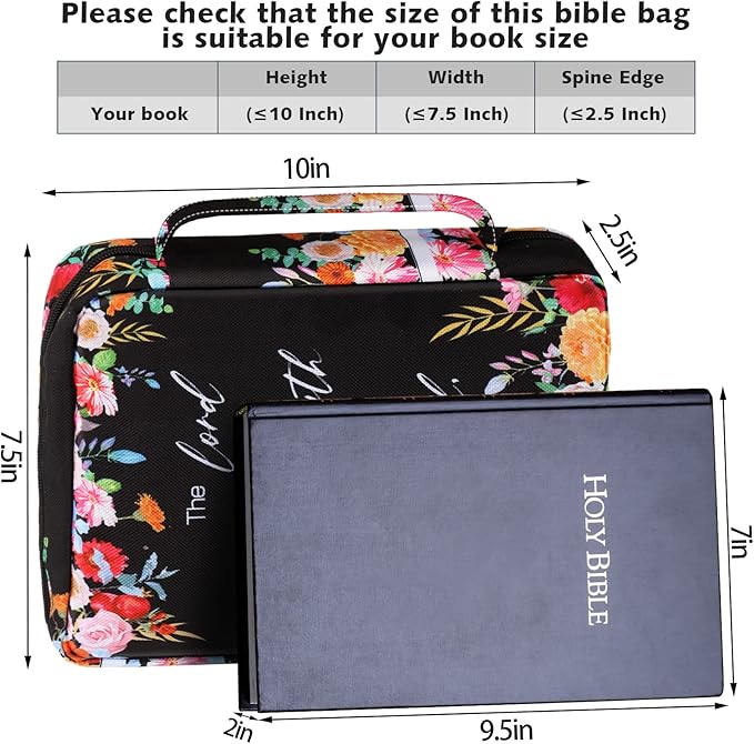 Laumoi Bible Cover Floral Bible Case with Handle and Zippered Back Pocket 10 Inch Women Bible Bag with Bookmark Portable Bible Carrying Case for Bible Study, Outdoor, Daily Commuter (Less Flower)