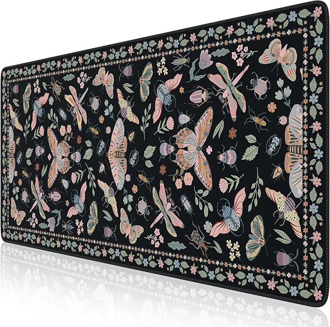 iCasso Black Large Mouse Pad, Desk Matt for Desktop, XXL Desk Mat for Keyboard and Mouse, Anti-Slip Big Mousepad Computer Mat with Stitched Edges(Insects)
