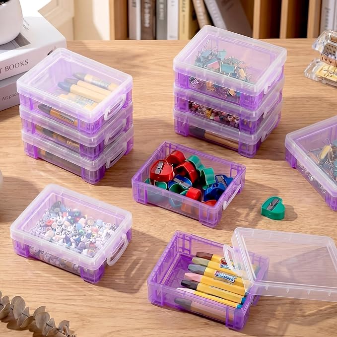 Suzile 40 Pcs Plastic Crayon Boxes Holds 24 Crayon with Snap Lid Storage Container Clear Stackable Case for School Office Classroom Supplies Pen Pencil Craft(Purple)