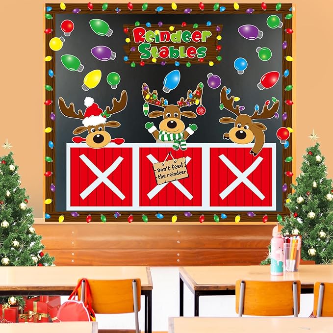 Christmas Bulletin Board Decorations Set Xmas Reindeer Stable Classroom Decor Xmas Bulb Elk Paper Cutouts with Borders for Door Wall School Classroom Winter Holiday Party Supplies