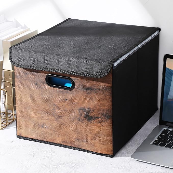 Cinnvoice File Organizer Box with Wood Grain Pattern, Hanging Collapsible File Storage Bins with Lid Plastic Slides for School Classroom Office Organizer, Rustic Brown Desk Storage