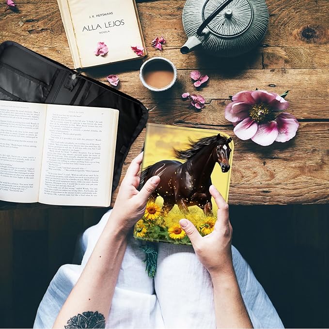 Bible Cover for Men Women,Large Leather Bible Case Fit Book Up to 11x8x2 Inch,Horse Run in the Sunflower Field Bible Covers Bible Study Carrier Church Bags w/Handle & Zipper