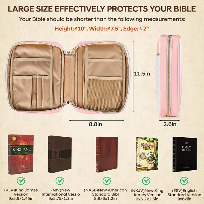 Bible Cover Case for Women, Quilted Large PU Leather Bible Carrying Book Case with Handle, Bible Bag Study Supplies Bible Carrier & Christian Gift for Women (Pinkish White)