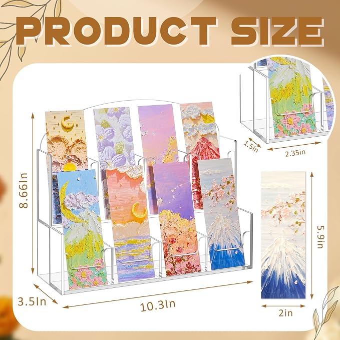Yuntau Acrylic Bookmark Display, Adjustable 2. 2'' Bookmark Stand, Portable Sticker Holder, Curved Pockets Greeting Card Display for Business Vendor, Retail Store Shop(Integrated,8 Pockets)