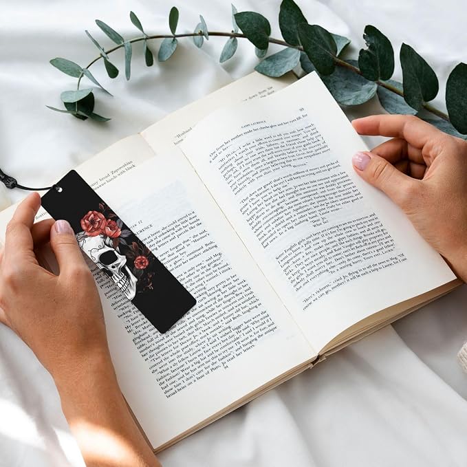 Skull and Flowers Double-Sided Printed Wooden Bookmarks 5Pcs, Cool Notebook Accessories Birthday Presents for Men Women Presents for Book Lovers (5 Piece Set)