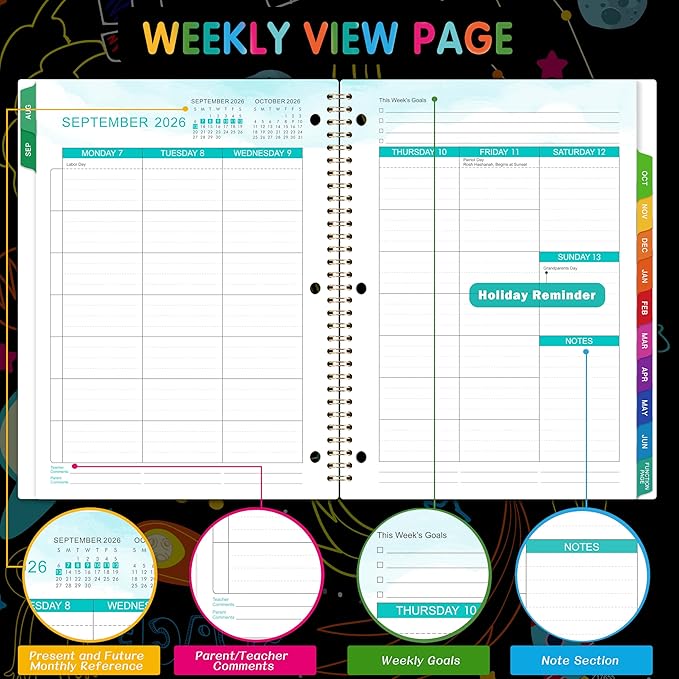 Student Planner 2026-2027 - Academic Planner 2026-2027, Aug. 2026 - Jun. 2027, Weekly and Monthly School Planner For Student, Stickers & Subject Function Pages, 9" x 11"(A4 Size), Doodle Space Style